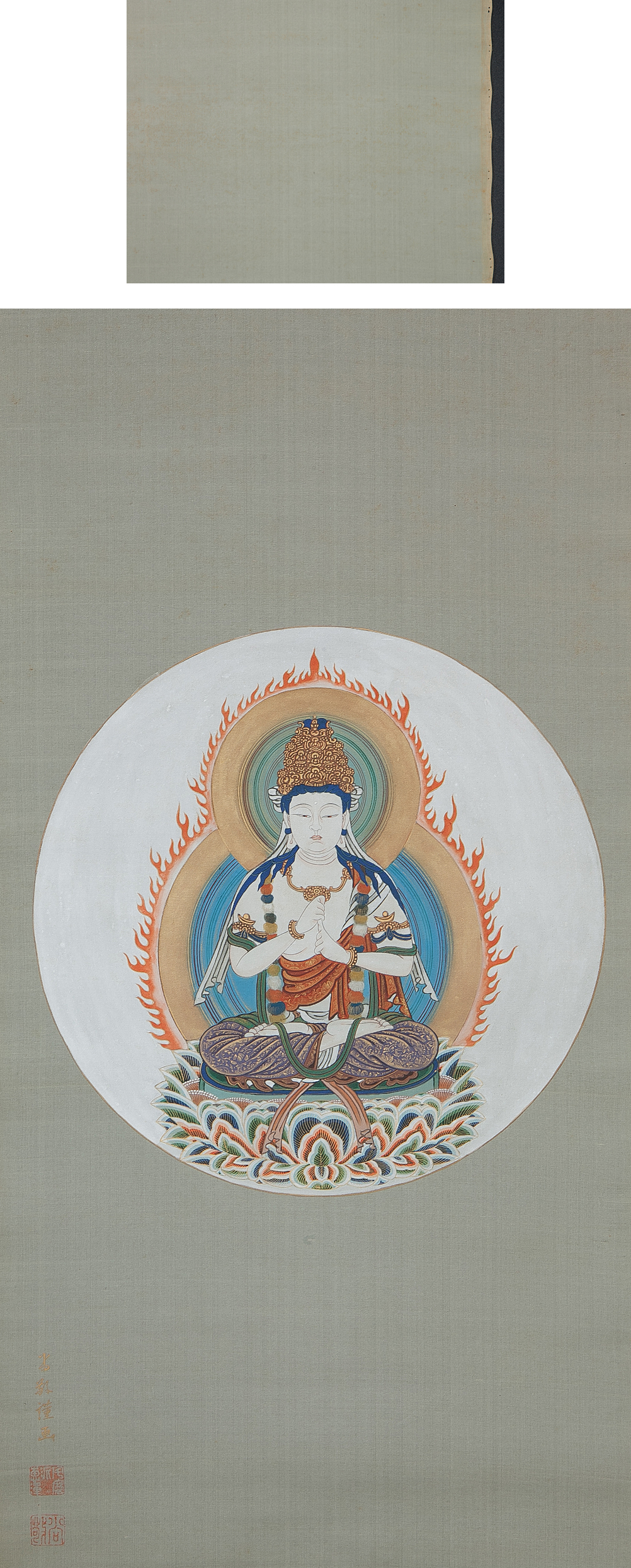 「絹本極彩色 不動明王立像」木版画 江戸時代後期頃筆 1枚|仏画 仏教美術 五】仏画 『大日如来像』 絹本 彩色 著色 肉筆 在銘 マクリ 肉筆 五